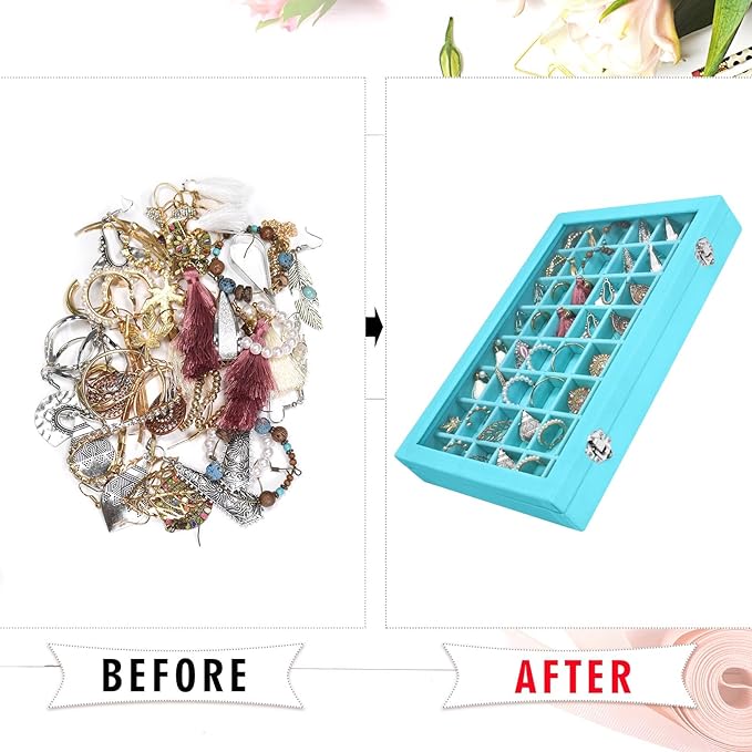 Siveit Velvet Jewelry Tray 48 Grid Jewelry Display Tray Organizer Box with Transparent Lid Rings Earrings Necklaces Pendants Display Box Suitable for Women and Girls (Light Blue) - Image 5