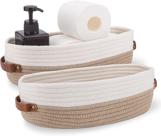 2 Pack Cotton Rope Bathroom Decor Basket,Toilet Paper Holder Basket,Farmhouse Home Decor Organizing Baskets 13"x5.9"x4" Brown Stitching White by Oradrem