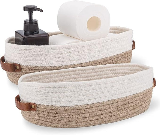 2 Pack Cotton Rope Bathroom Decor Basket,Toilet Paper Holder Basket,Farmhouse Home Decor Organizing Baskets 13"x5.9"x4" Brown Stitching White by Oradrem