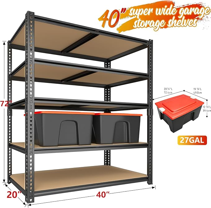 40W Garage Storage Shelves,Garage Shelves Heavy Duty,5 Tier Shelving Unit,2400LBS Capacity Heavy Duty Shelving for Garage Storage,Warehouse,72" H x40 W x20 D - Image 3