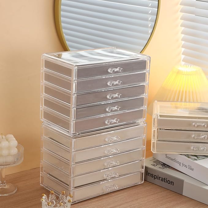 5 Drawerss Necklace Organizer Box, Tray with Clear Lid, Dustproof Velvet Necklaces Holder Storage Display Case, Gery Necklace Tray Drawer Insert for Pendant Suitable for Women and Girls (25 grids) - Image 8