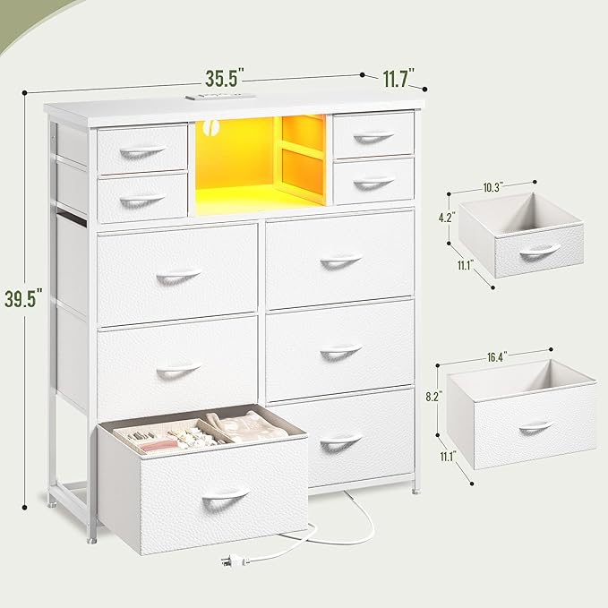 Romorgniz White Dresser for Bedroom with 10 Drawers Featuring LED Light and Power Outlet, Fabric Dressers & Chest of Drawers with Open Shelves for Hallway, Living Room, Steel Frame,Wood Top