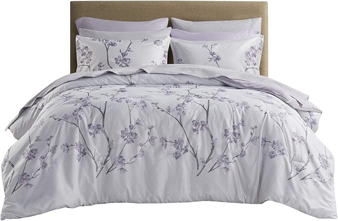 Comfort Spaces Bed in A Bag - Trendy Casual Design Cozy Comforter with Complete Sheet Set with Side Pocket, All Season Cover, Matching Shams Full(80"x90"), Kate, Grey/Purple 9 Piece, Cottage