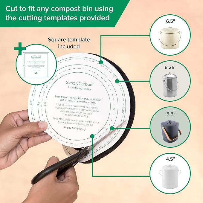 2 Years Supply Extra Thick Filters for Kitchen Compost Bins - Longer Lasting Activated Charcoal - Universal Size Fits ALL Compost Bins up to 7.25" Filter Size - Replacement Set of 6 (by Simply Carbon) - Image 3