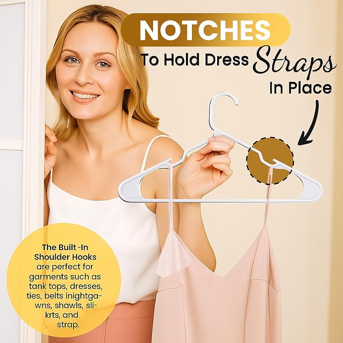 Our Modern Space 50 Pack Adult Plastic Hanger for Shirt Pants Coats Dresses Skirts Suits Jackets - Standard Thick Coat Hanger - Sturdy & Durable Design with Shoulder Grooves Hook - White - Image 6