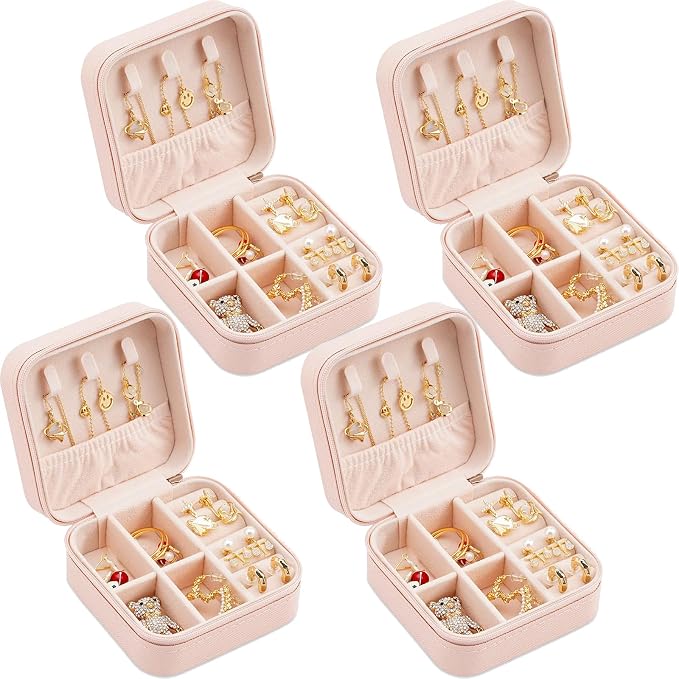 Neveika Portable Travel Mini Jewelry Box Leather Jewellery Ring Organizer Case Storage Gift Box Girls Women (4pcs pink). - Image 8