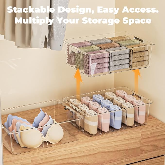Socks Bra Underwear Drawer Organizer for Closet, 2 PCS Plastic Storage Box with 15 Removable Compartments and Lid, Clear Dresser Drawer Organizer Storage Container with Dividers for Sock Ties Belts - Image 8