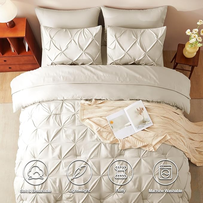 CozyLux Twin XL Comforter Set Beige, 5 Pieces Twin Extra Long Pintuck Bed in A Bag for College Dorm, Pinch Pleat Bedding Set with Comforter, Sheets, Pillowcase & Sham