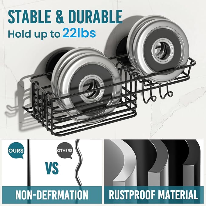 TAILI Shower Caddy Suction Cup with Hooks and Soap holder, Heavy Duty Bathroom Shower Organizer, No Drilling Bathroom Holder with Large Capacity, Metal Black Storage Basket - Image 3