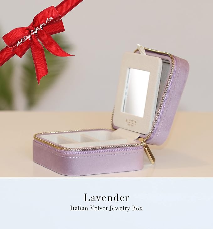 BLUTETE Travel Jewelry Box Organizer Velvet Travel Case With Mirror Rings Earrings Necklaces Storage Organizer Box (Lavender) - Image 5