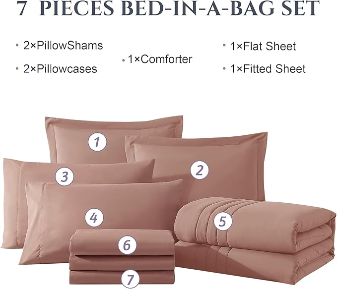 Monbix Full Comforter Set - 7 Pieces Clay Pink Bed in a Bag Full Size Bedding Sets with Comforters, All Seasons Comforter with Sheets, Pillowcases & Shams