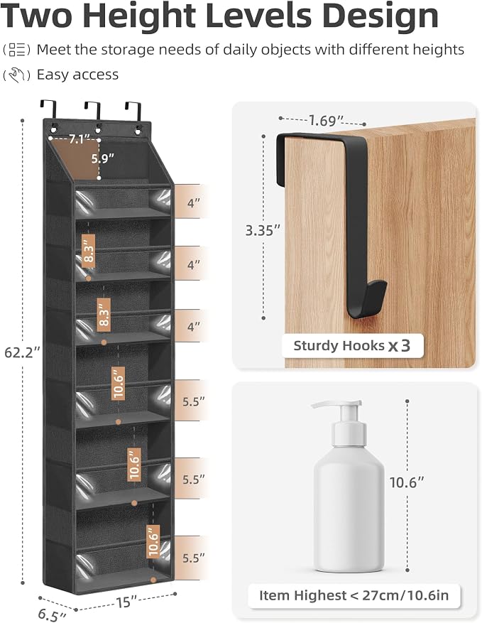 STORAGE MANIAC Over the Door Organizer Large Capacity Hanging Organizer, Clear Deep Pockets Behind Door Closet Organizer and Storage for Nursery, Bathroom, Bedroom, Pantry, 1 Pack Black - Image 2