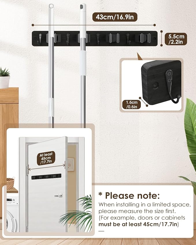 AceMining Broom Holder Wall Mounted, Black 4 Holders and 4 Hooks Mop Holder, Wooden Mop and Broom Holder with Anti slip rubber, Natural pine wood Brush Holder, Mop Wall Holde with Nail installation - Image 4