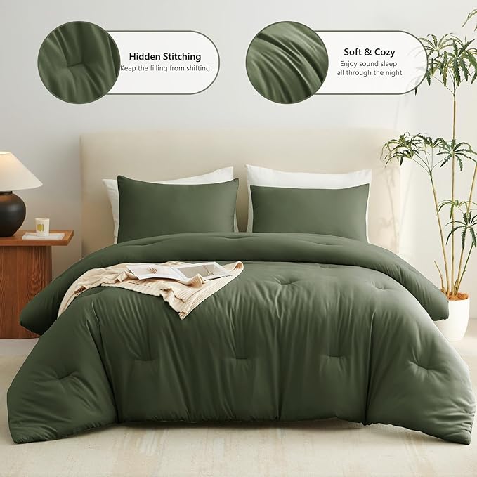 CozyLux King Size Comforter Set Olive Green, 3 Pieces Solid Comforters King Size Breathable Quilted Bedding Sets, Luxury Soft Lightweight Bed Set with Down Alternative Comforter and 2 Pillowcases