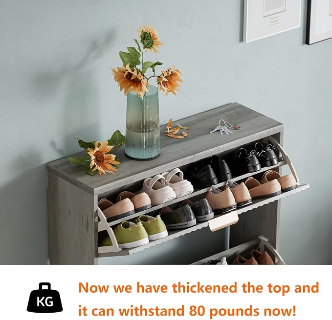 Shoe Cabinet Storage,Modern Freestanding Organizer with 2 Flip Drawers,Narrow Shoe Rack Cabinet for Entryway,Grey - Image 3