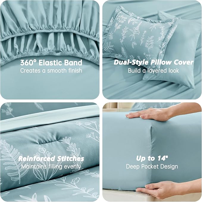 MUXHOMO Blue Bed in a Bag King 7 Pieces, King Comforter Set Reversible Botanical Flowers Design, Ultra Soft & Breathable Bedding Sets with Comforter, Sheets, Pillowcases & Shams