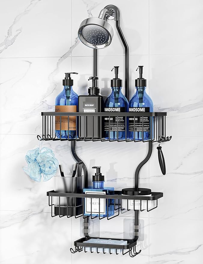 YASONIC Never-Rust Aluminum Hanging Shower Caddy – Over-the-Showerhead Organizer with 10 Hooks for Razor and Sponge – Includes Soap Basket – Black by YASONIC