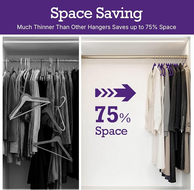 HOUSE DAY Noble-Purple Velvet Hangers 60 Pack, Non Slip Clothes Felt Hanger Heavy Duty for Coat, Premium Slim Space Saving Suit Hangers for Closet Organizer, 360° Rotating Silver Hook - Image 3