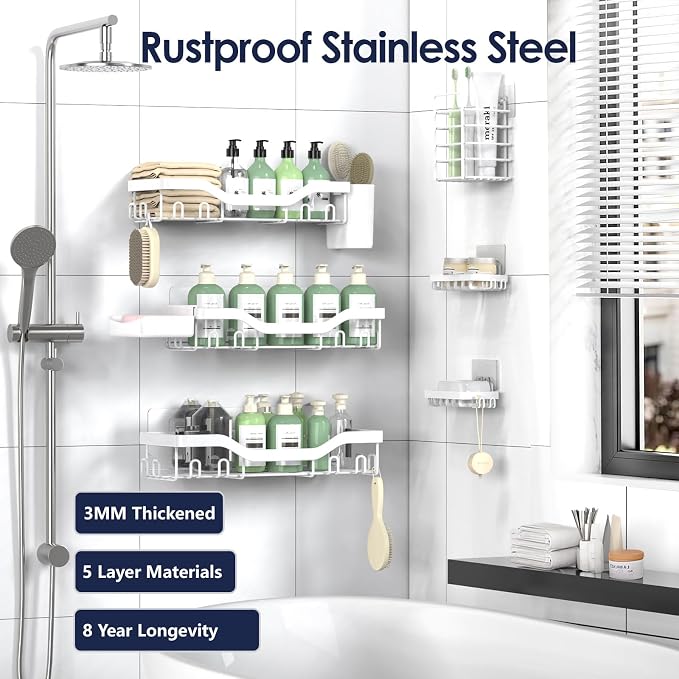 NESOMI Shower Caddy Adhesive Shower Organizer 8-Pack, Rustproof Stainless Steel Bathroom Shelves, Large Capacity No-Drill Rack Storage Accessories with Soap Dish Toothbrush Holder Hooks - Image 5
