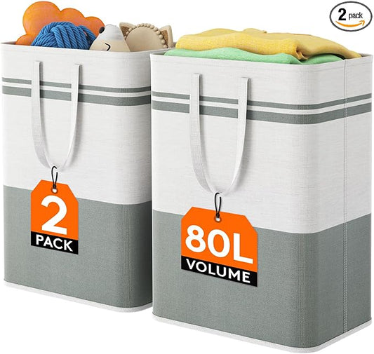 Lifewit 2 Pack 80L Large Freestanding Laundry Hamper, Collapsible Laundry Basket with Easy Carry Handles, Waterproof Tall Clothes Hamper for Laundry Dorm Bedroom Bathroom, Grey-White by Lifewit