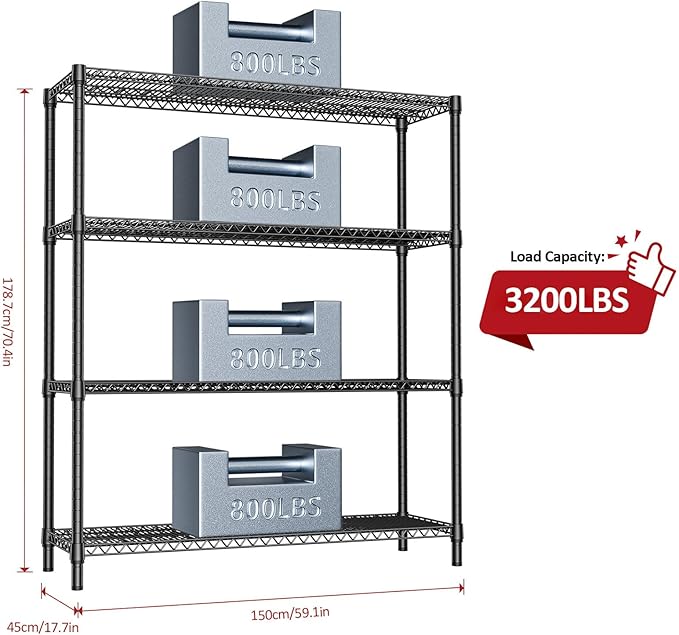 IZEUK 4-Tier Metal Garage Shelving, Heavy Duty Adjustable Storage Rack Organizer, Industrial Steel Shelves for Basement, Kitchen, Office, Warehouse (Black, 17.7" D x 59.1" W x 70.9" H) - Image 3
