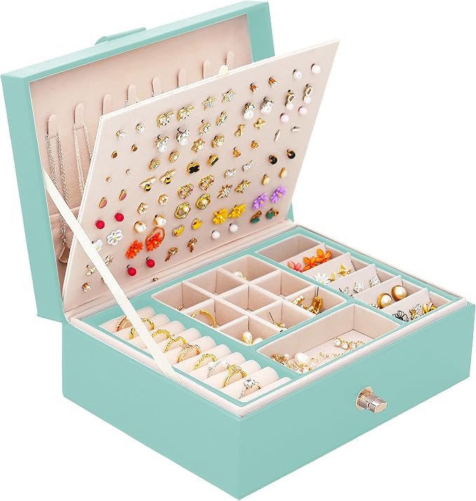 QBestry Girls Jewelry Box for Earrings Jewelry Organizer Box Teen Girls Earrings Organizer Jewelry Box Earring Holder Organizer Stud Earring Box for Girls Womens Jewelry Case Organizer Teal by QBestry