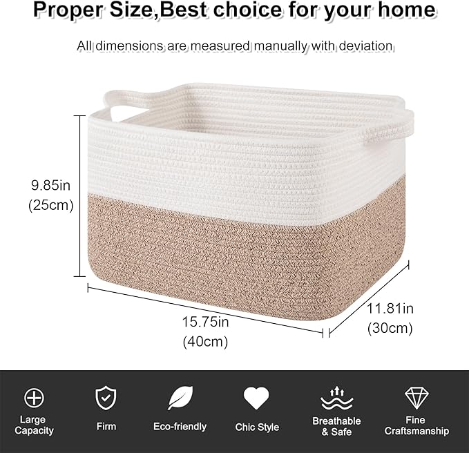 OIAHOMY Woven Storage Basket for Shelves, Rectangle Cotton Rope Baskets for Organizing, 16 x 12 x 10 in, Storage Bins for Dog Toys,Towel,Books,Gift,Brown and White - Image 3