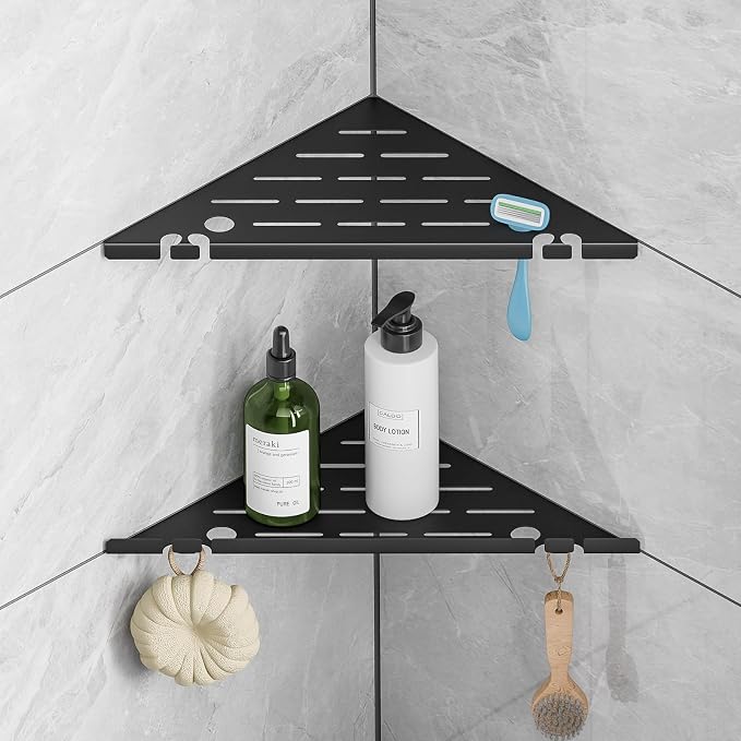 Permanent Tile-in Corner Shower Shelves with Hooks, Modern 304 Stainless Steel Shower Caddy for Bathroom Renovation & Hotel, Heavy Duty No-Drill Grout Mount Organizer for Tile Wall,10", 2 Pack by HBXS
