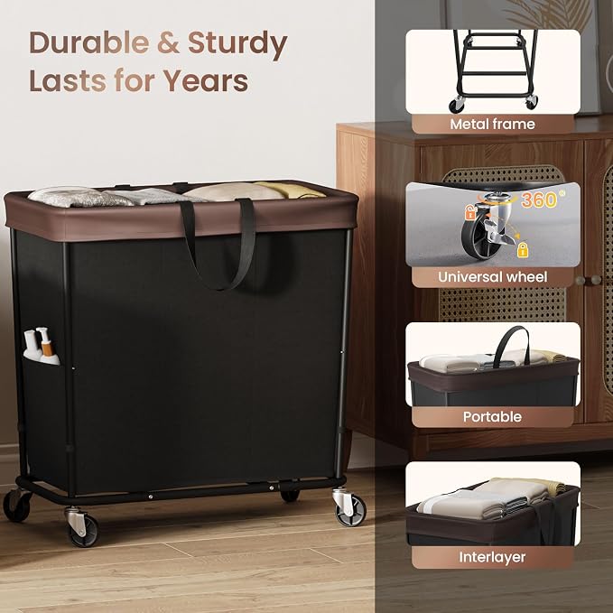 320L Laundry Basket with Wheels, 3-Section Rolling Hamper for Laundry, Extra Large Laundry Hamper with Wheels, Clothes Hamper Rolling Laundry Basket for Home, Bathrooms and Dorm(Black) - Image 6