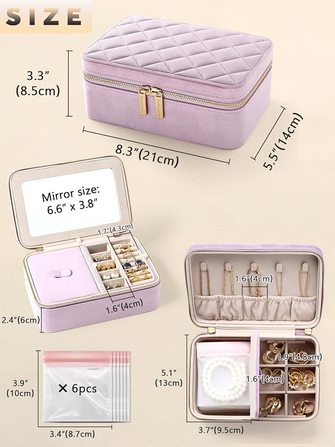 Velvet Travel Jewelry Box with Large Mirror, Double-Layer Jewelry Organizer Case for Women and Girls, Portable Storage Case with 6 Anti-Tarnish Bags Gift Ready for Her (Lavender) - Image 2