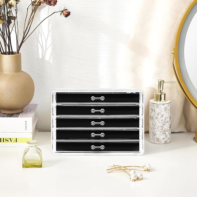 ProCase Earring Holder Organizer Jewelry Box with 5 Drawers, Acrylic Clear Earring Case with Adjustable Velvet Trays for Women - Black, 5 Layers - Image 6