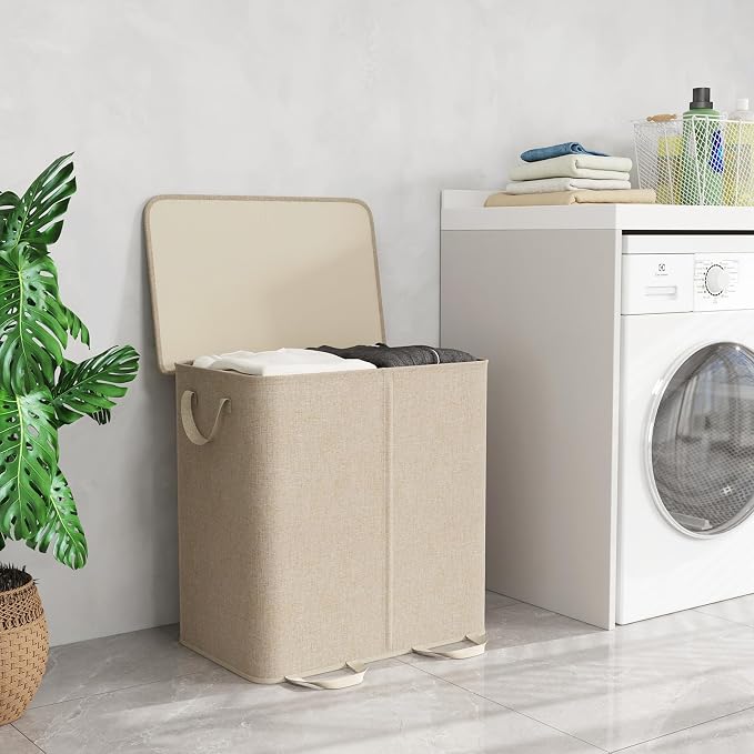 Lifewit Double Laundry Hamper with Lid and Removable Laundry Bags, Large Collapsible 2 Dividers Dirty Clothes Basket with Handles for Bedroom Laundry Room Closet Bathroom College, 136L Beige - Image 6