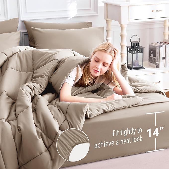 CozyLux King Size Comforter Set Khaki, 7 Pieces Bed in a Bag, Khaki Comforter King Size, All Season Bedding Sets with Stitch Quilted Comforter, Flat Sheet, Fitted Sheet, Pillowcases