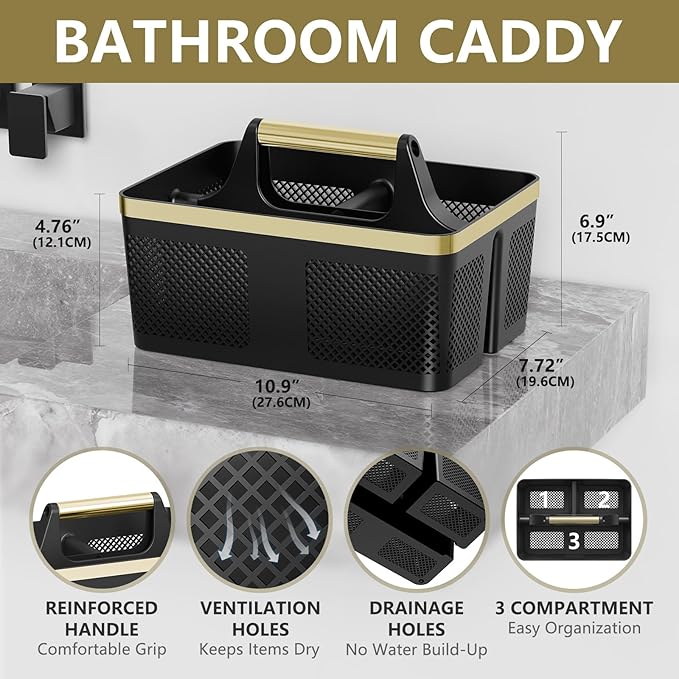 BYUNER Shower Caddy Dorm Men: Plastic Bathroom Caddy Organizer with Handle and Holes, Bath Caddy for College Dorm, Portable Shower Basket Tote for Toiletry, Travel, GYM, Camp Essentials Black/Gold - Image 2