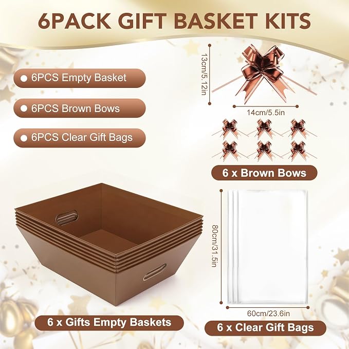 6PACK Baskets for Gifts Empty, 10x12”Thick Brown Gift Basket with Handles 6 Bows 6 Bags Empty Gift Baskets for Christmas Thanksgiving Wedding Birthday Party Wrapping Gift - Image 3