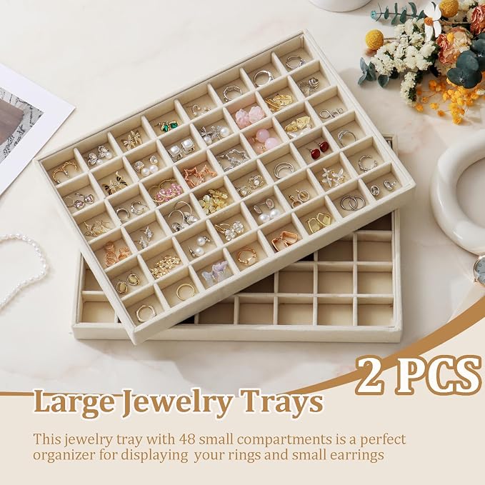 Large Velvet Jewelry Tray 2 Pack Stackable Jewelry Display Drawer Inserts Trays Organizer for Earring Bracelet Necklace Ring (Beige, 48 Grids) - Image 2