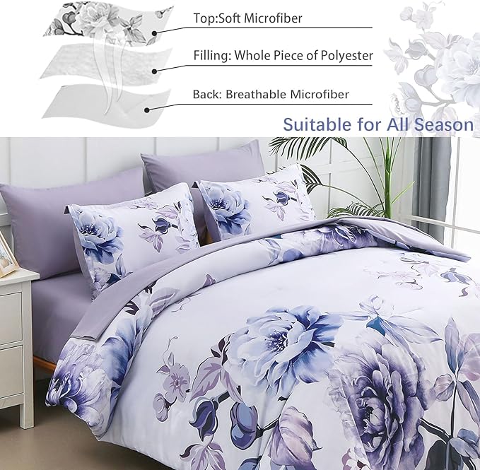 Drucon Purple Floral Comforter Set King, 7 Pieces Bed in a Bag Botanical Floral Comforter Soft Microfiber Purple Bedding Set King Size Bed with Sheet and Pillowcase