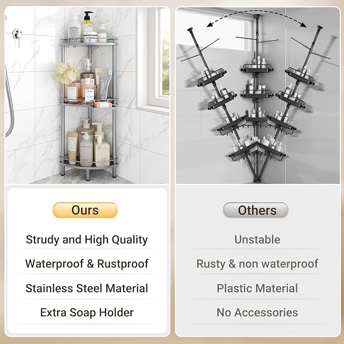 ELYKEN Corner Shower Caddy Standing, 3 Tier Rustproof Metal Shower Organizer with Soap Holder, Floor Shower Corner Shelf Rack Storage Stands with Adjustable Feet & 2 Hooks for Bathroom, Silver - Image 7