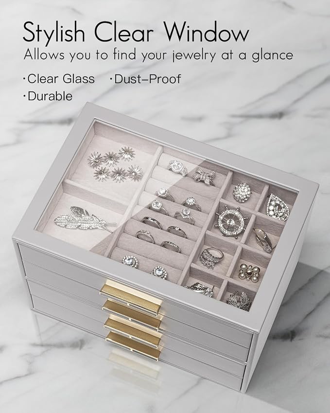 Vlando 4 Layer Jewelry Box for Women, Glass Lid Jewelry Organizer with 4 Drawers for Necklaces Rings Earrings Bracelets - Grey - Image 4