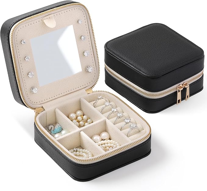 Genuine Leather Travel Jewelry Organizer Case with Mirror for Women, Small Mini Portable Jewelry Box for Ring Earrings Necklace Bracelet Luxury Gift for Women（Black） by NGVRC