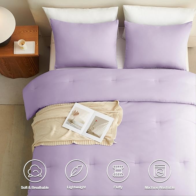 CozyLux Lavender Queen Comforter Set, 3 Pieces Light Purple Solid Breathable Quilted Boho Bedding Sets, Luxury Fluffy Soft Bed Set with Down Alternative Comforter and 2 Pillowcases for All Season