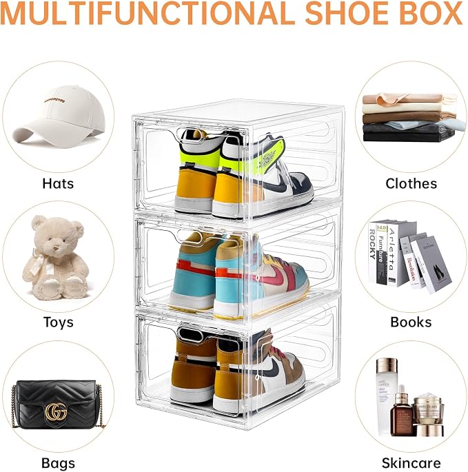 INSTY 6 Pack Large Shoe Storage Box, Clear Shoe Storage Organizer with Magnetic Door, Stackable,Shoe Containers For Display Sneakers, Easy Assembly, Fit up to US Size 12, Clear - Image 5