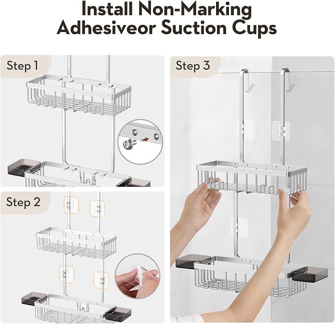 Over the Door Shower Caddy Hanging With Double Soap Holder Never Rust Aluminum Shower Shelf With 4 Hooks Hanging Bathroom Organizer No Drilling Shelves for Bathroom Storage Silver - Image 7