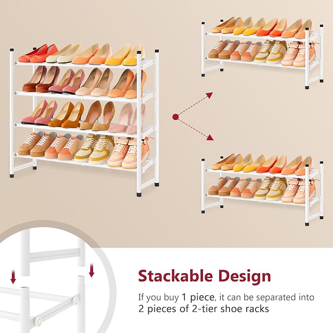 Tajsoon Expandable Shoe Rack for Closet 4 Tier, 29“-41“Adjustable & Stackable Shoe Shelf Storage, Metal Shoe Rack Organizer for Front Door Entrance, Closet, Garage, Entryway, White - Image 6