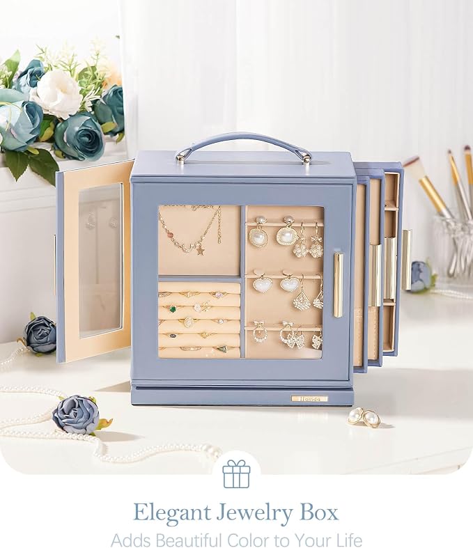 Homde Mothers Day Gifts Jewelry Box 360° Rotating, Necklace Earring Organizer with Transparent Window, Mirror, 7 Drawers, Large Ring Display Storage Case for Girls Women (Grey Blue) - Image 8