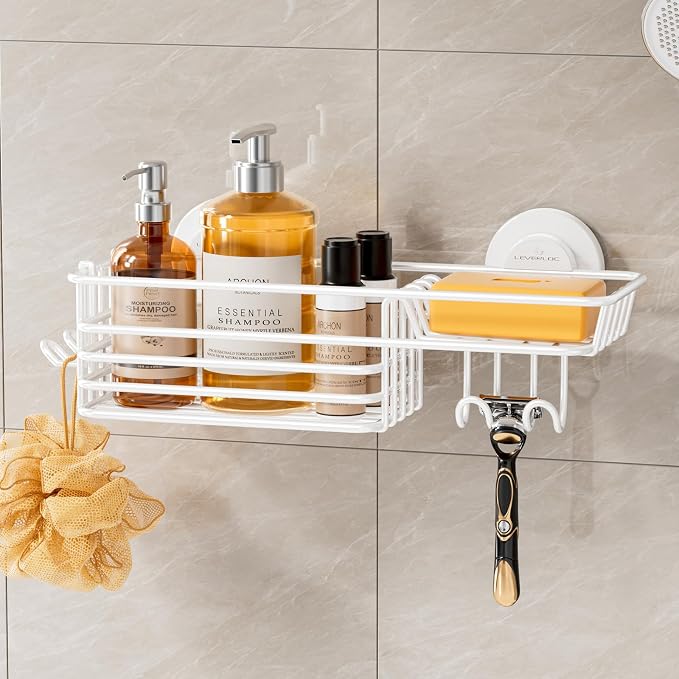 LEVERLOC Shower Caddy Suction Cup, Heavy Duty Bathroom Organizer for Inside Shower with Hooks & Soap Holder， NO-Drilling Bathroom Shower Holder-White by LEVERLOC