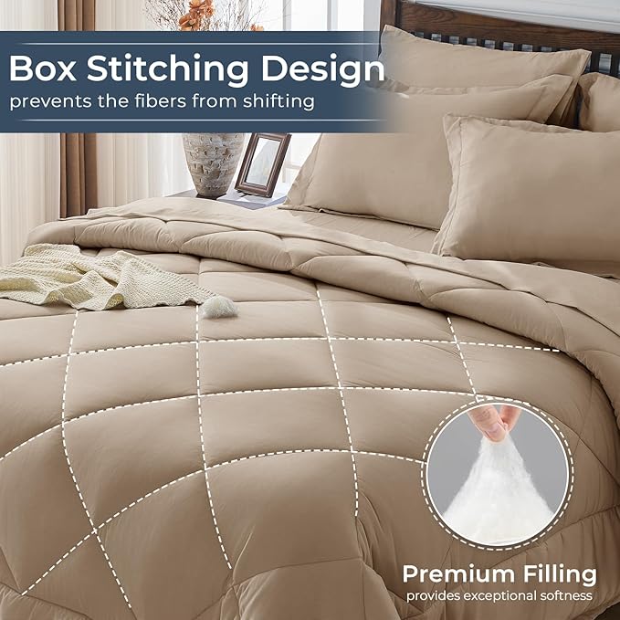 HEVUMYI Khaki Queen Comforter Set - 7-Piece All Season Bed in a Bag Queen, Ultra Soft Bedding Set with Comforter, Flat Sheet, Fitted Sheet, Pillowcases, Pillow Shams
