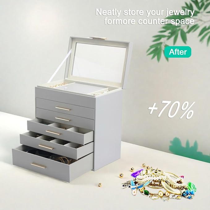 BOOVO Jewelry Boxes for Women, White and Black 6 Layer Large Jewelry Box for Necklace, Bracelet, Earrings, Rings Storage, Jewelry holder Organizer for Girls Gift (Grey, 6 Layer) - Image 5