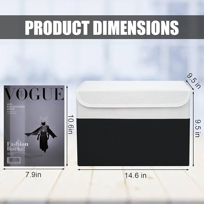 Bagnizer Large 22 Quart Linen Fabric Foldable Storage Bin Cube Organizer Basket with Flip-Top Lid & Handles, Clothes Blanket Box for Home, Office, Closet, Black & White, 4 Pack 14.6 x 9.5 x 9.5 - Image 2