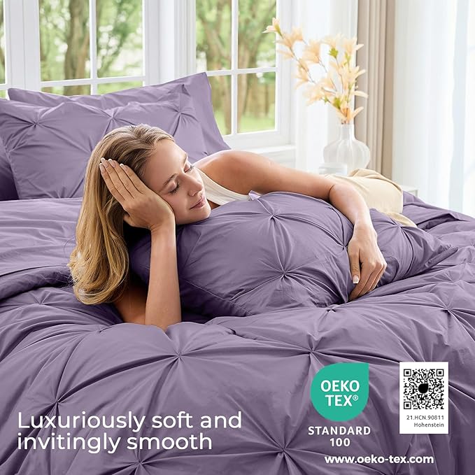 Sasttie Twin XL Comforter Set, 5-Piece Bed in a Bag, Pintuck Bedding Sets for All Season, Includes Comforter, Flat Sheet, Fitted Sheet, Pillowcase and Pillowsham, New Purple